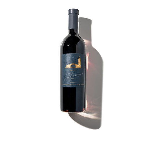 Image of 2021 Robert Mondavi Winery The Estates Merlot Oak Knoll wine bottle on white background.
