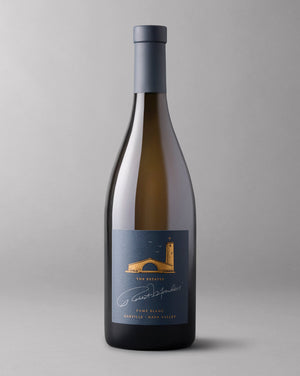 A bottle of 2021 The Estates Fumé Blanc Oakville on a grey background.