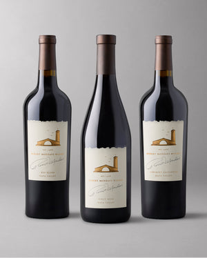 A bottle of Napa Valley Cabernet Sauvignon, Red Blend, and Pinot Noir on a white background