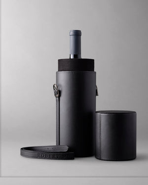 Single Bottle Wine Carrier made from vegan leather, with the  Arch & Tower embossed on the cap