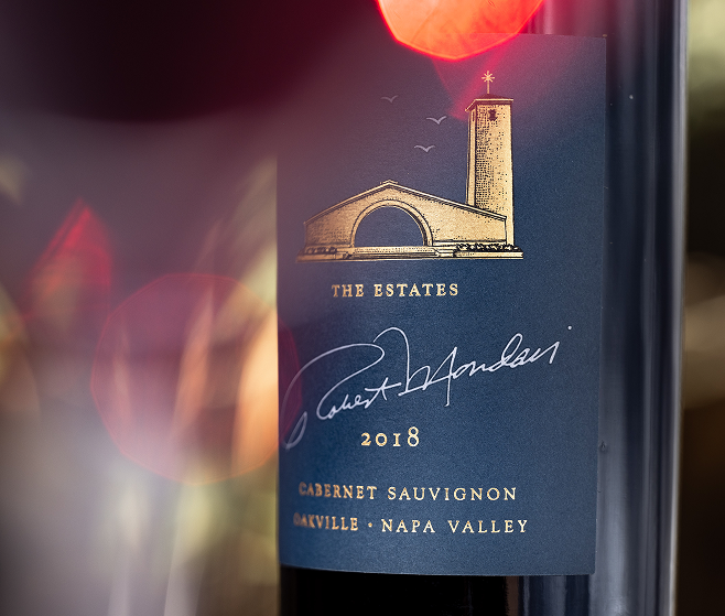 Close up of a bottle of 2018 Estate Cabernet Sauvignon Oakville Napa Valley