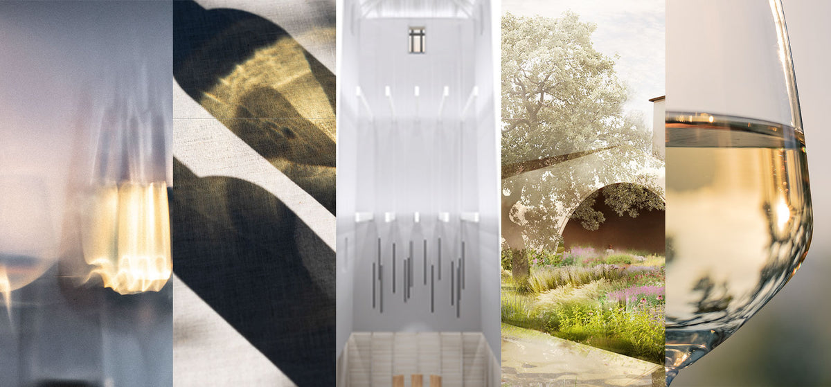 A vertical six-panel collage showcasing various interior design and lifestyle elements, including a glowing modern pendant light, a black and white textured wall, a minimalist white hallway with hanging light fixtures, a garden pathway with a stone arch in the background, and a close-up of a glass of white wine.