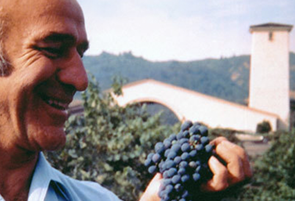Robert Mondavi with red wine grapes with the iconic arch and tower of his winery behind him. 